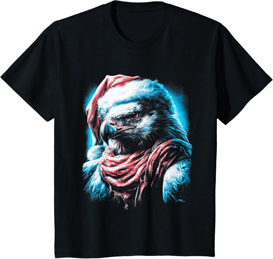 Retro Christmas Bald Eagle with Santa Hat 90s Animal Xmas T-Shirt - Black