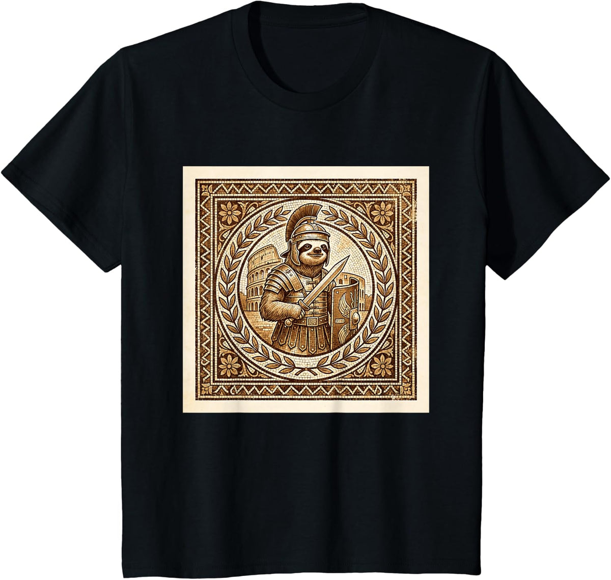 Roman Gladiator Sloth Colosseum Laurel Wreath T-Shirt - Black