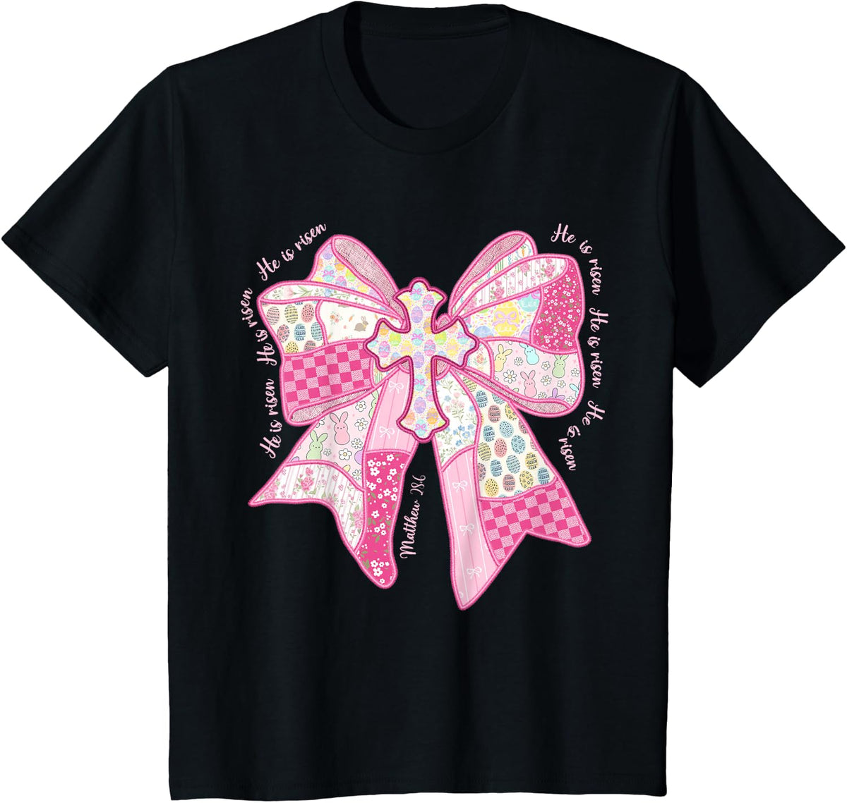 He is Risen Christian Cross Jesus Coquette Bow Bunny Easter T-Shirt - Black