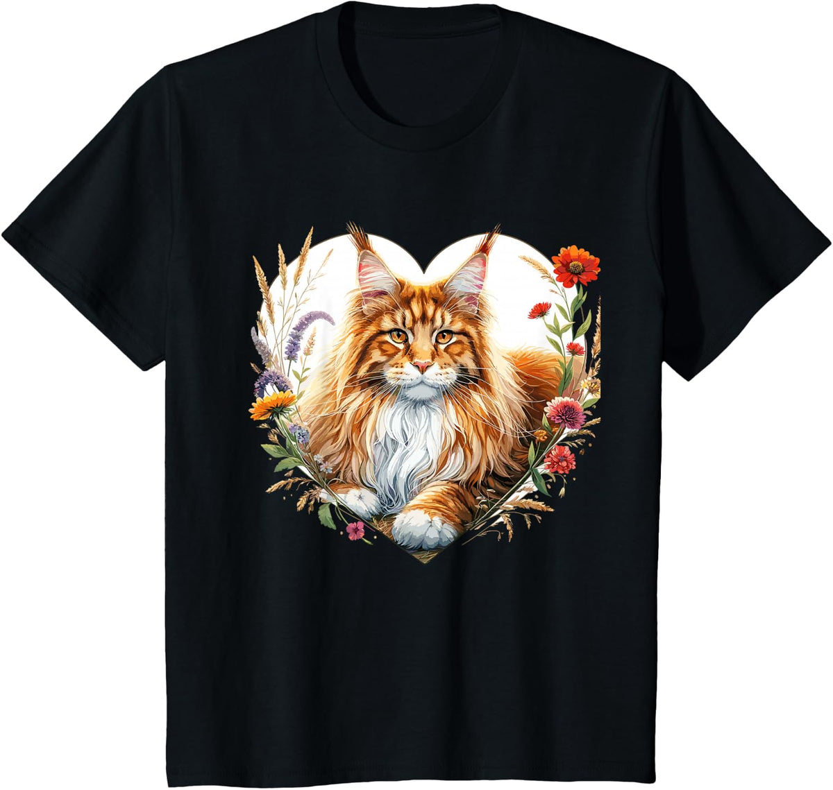 My Cat Is My Valentine Cute Orange Maine Coon Cat in a Heart T-Shirt - Black