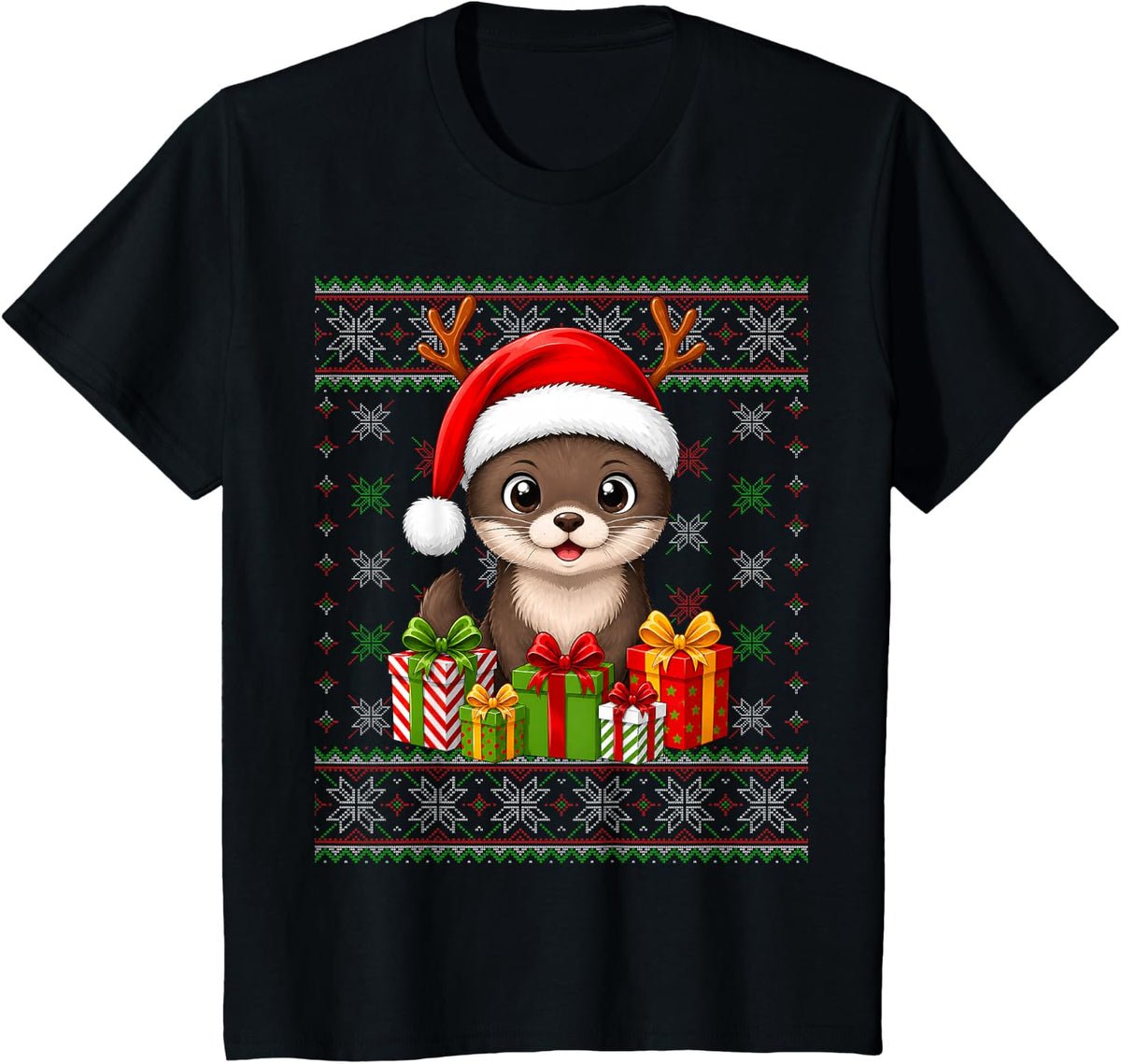Otter Xmas Ugly Sweaters Festive Santa Otter Christmas T-Shirt - Black