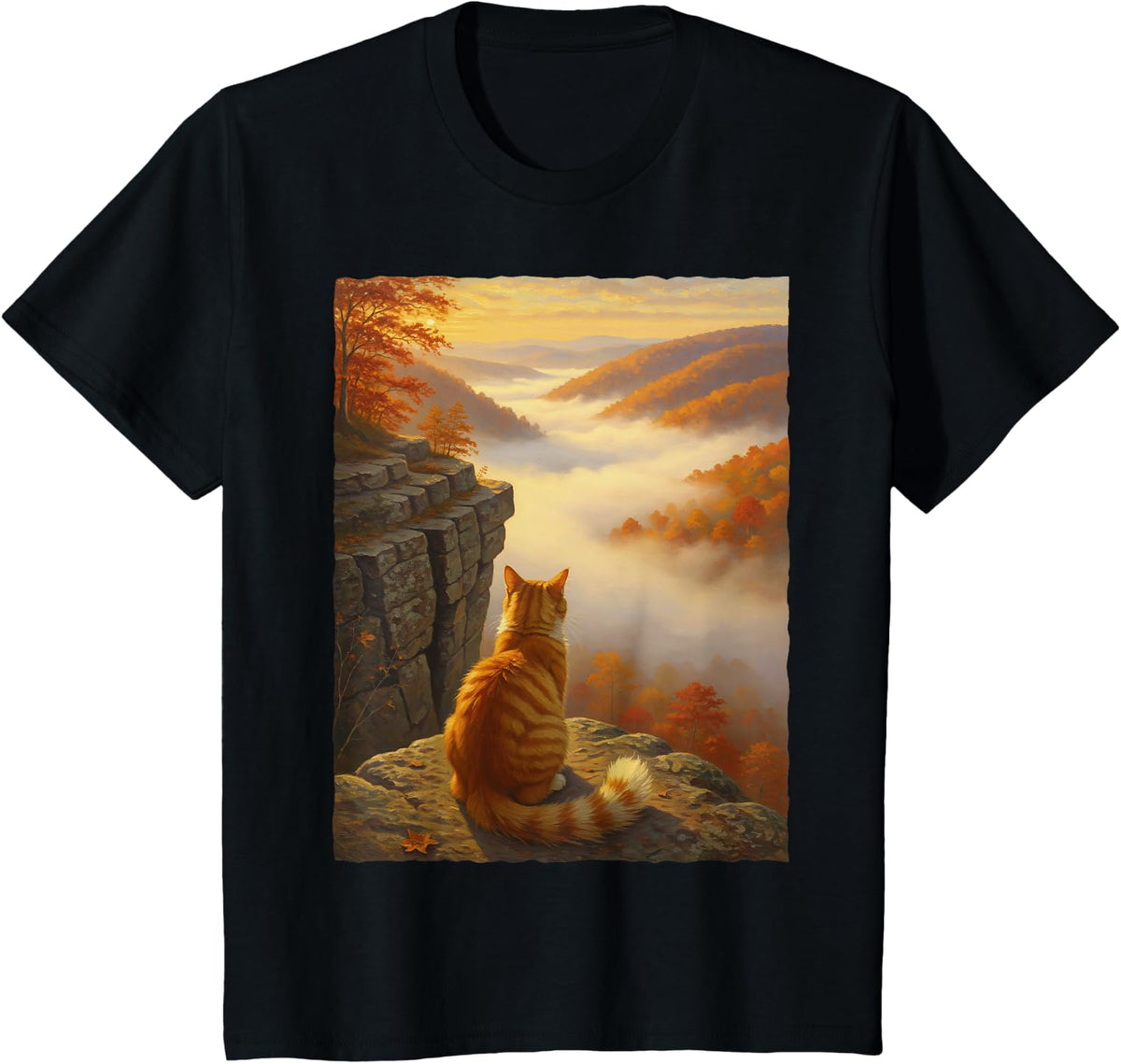 Orange Tabby Cat Fall Mountain Sunrise Autumn Foliage Art T-Shirt - Black