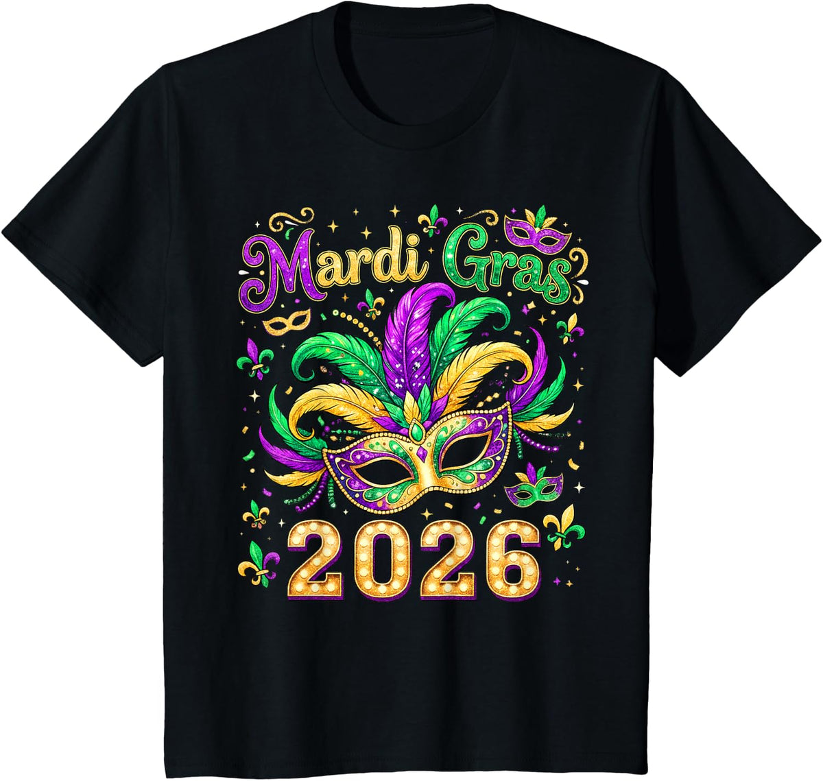 Mardi Gras Mask Parade 2026 New Orleans Men Women Kids T-Shirt - Black