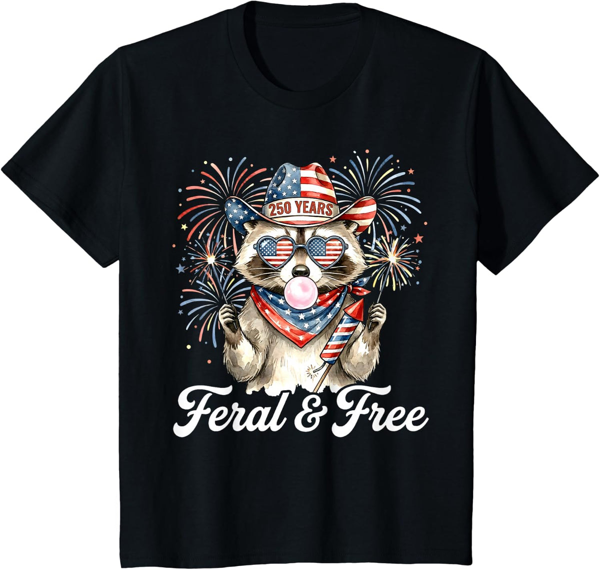Feral & Free Raccoon USA 250 Years Fourth of July Fireworks T-Shirt - Black