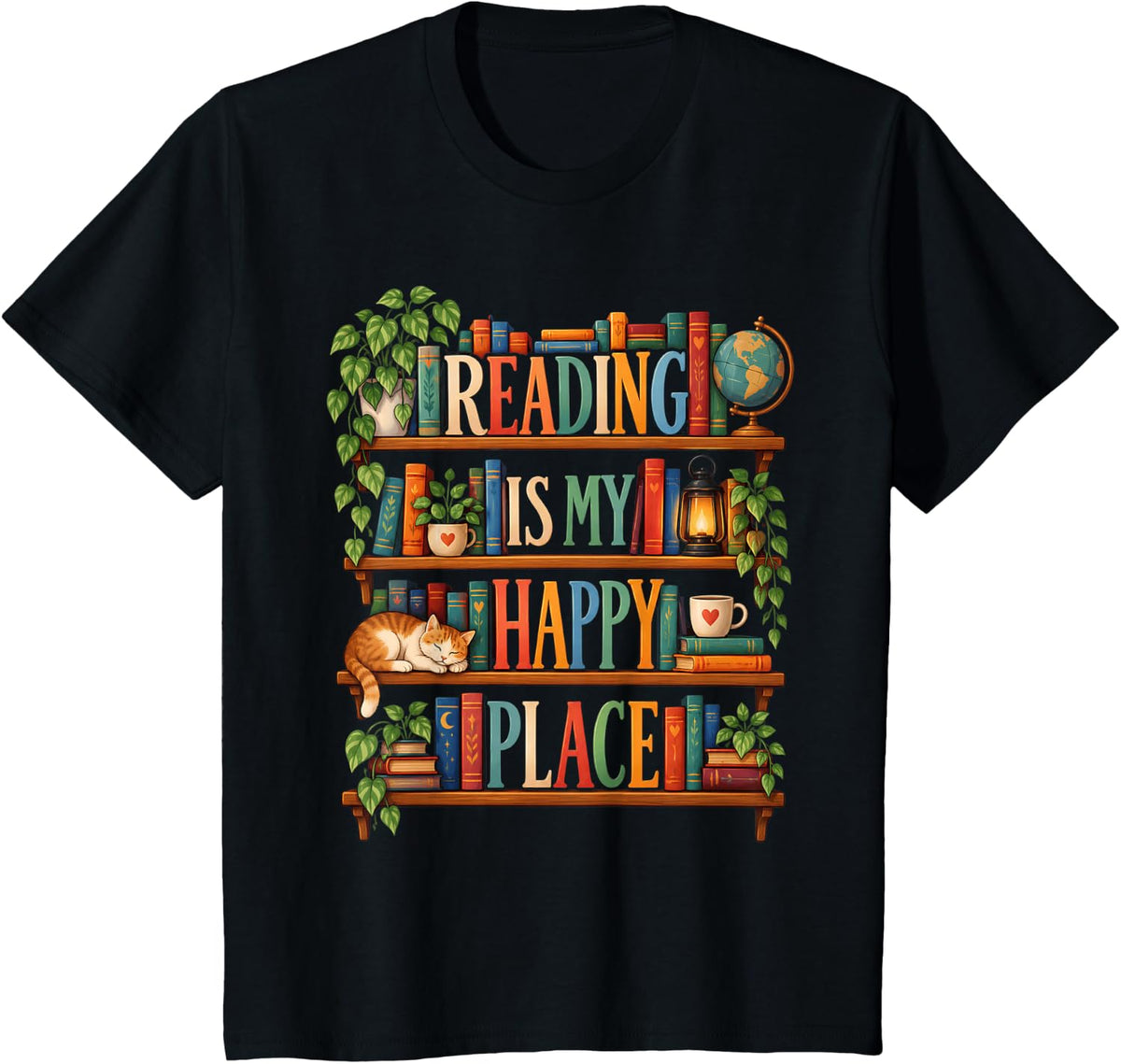 Reading is My Happy Place Book Lover Bookshelf Design T-Shirt - Black