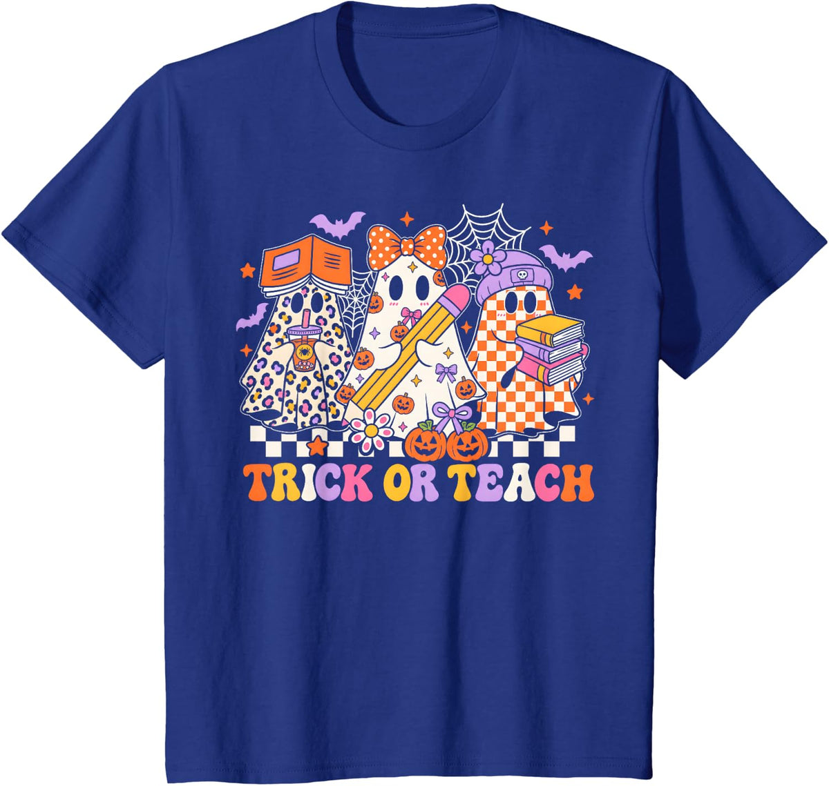Teacher Halloween Trick Or Teach Cute Ghost Coffee Pumpkins T-Shirt - Royal Blue