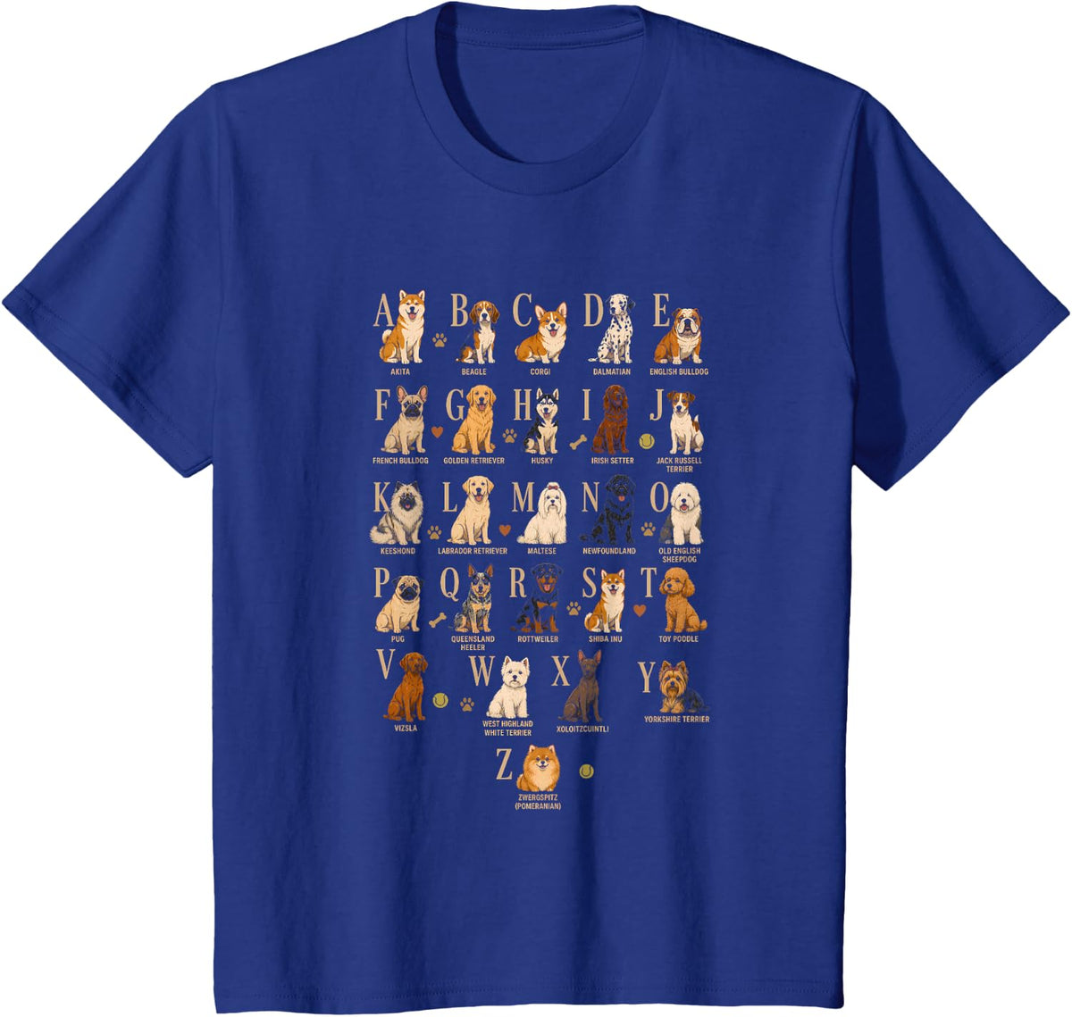 Alphabet Dogs Teacher Shirts Dog Breeds ABC Classroom T-Shirt - Royal Blue