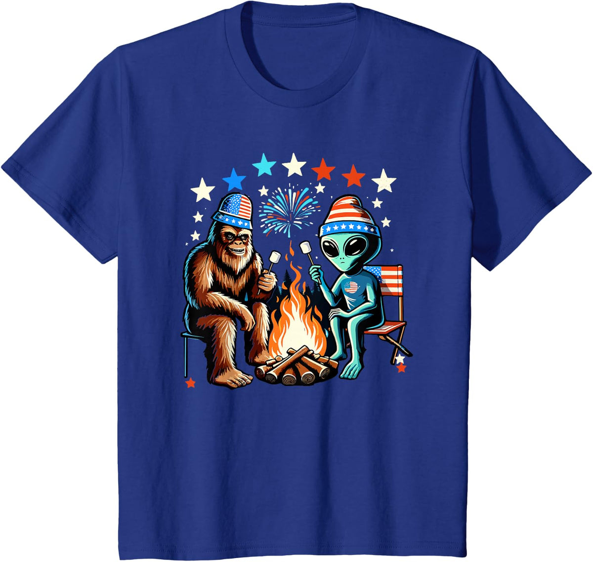 Patriotic Campfire Celebration: Bigfoot Alien 4th of July T-Shirt - Royal Blue