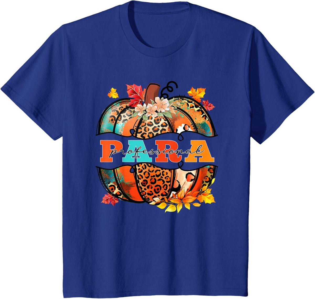 Retro Fall Paraprofessional Autumn Leaves Pumpkin Leopard T-Shirt - Royal Blue