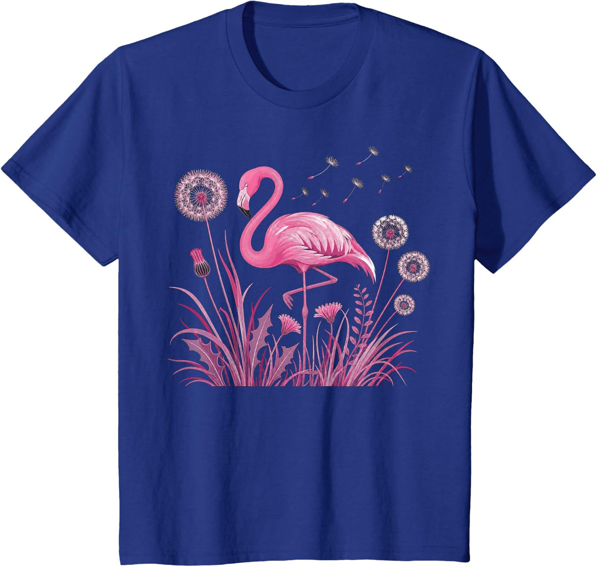 Pink Flamingo Surrounded by Dandelions and Grass T-Shirt - Royal Blue