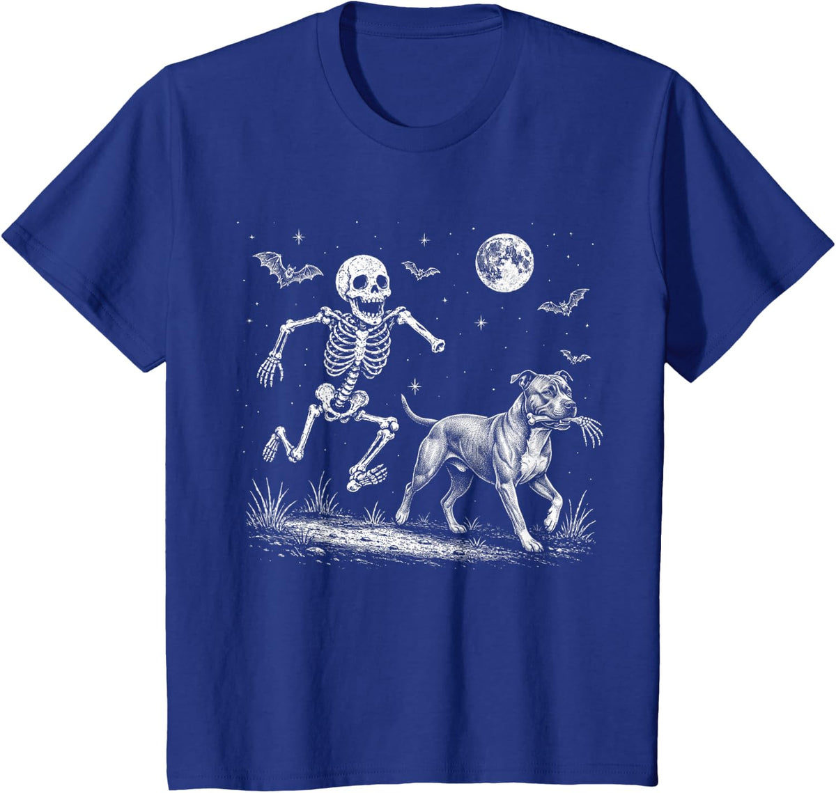 Funny Skeleton Chasing American Staffordshire Terrier T-Shirt - Royal Blue