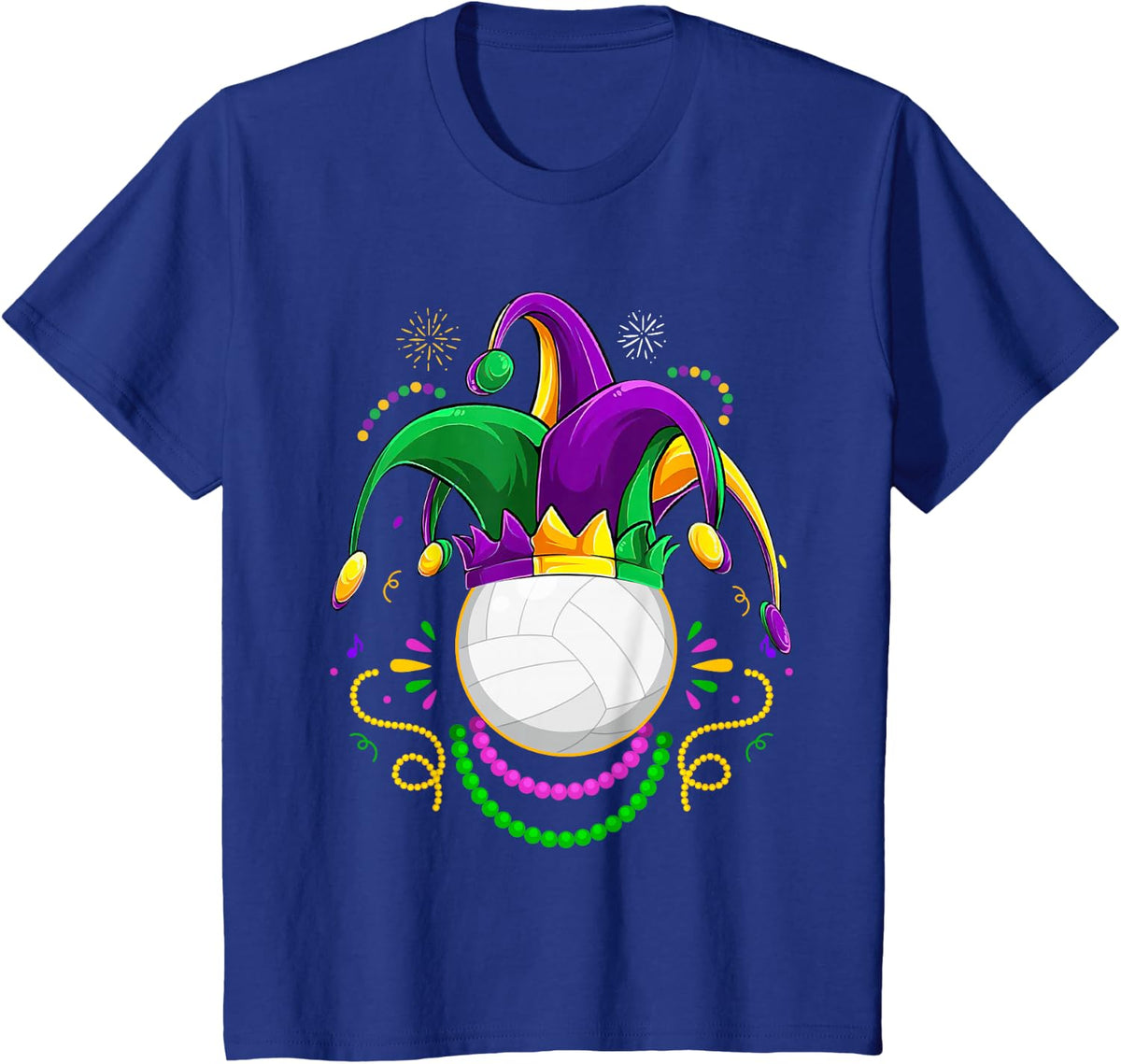 Volleyball Jester Hat Mardi Gras Beads New Orleans Carnival T-Shirt - Royal Blue