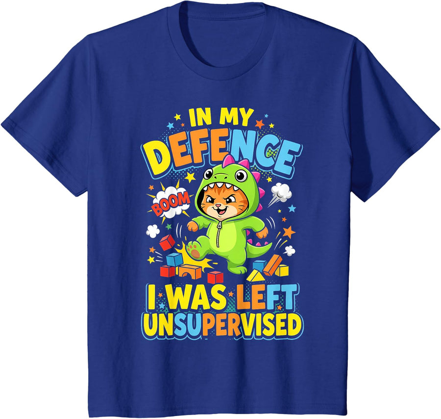 Kids in My Defence I was Left Unsupervised Cat Dinosaur Suit T-Shirt - Royal Blue