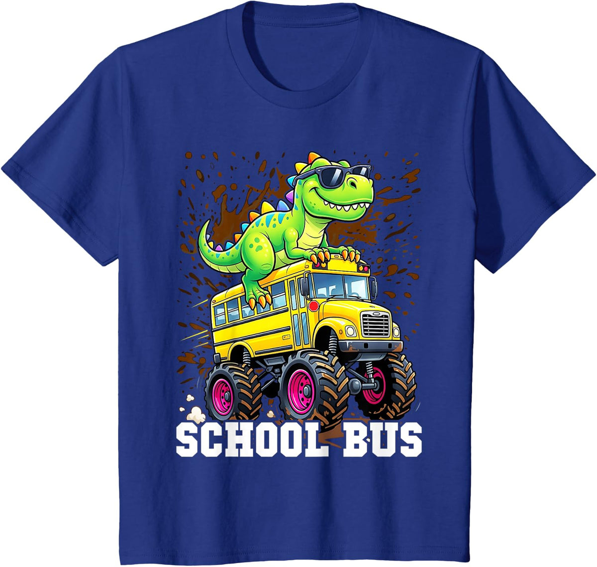 Dinosaur T-rex On Monster Truck School Bus Driver Graphic T-Shirt - Royal Blue