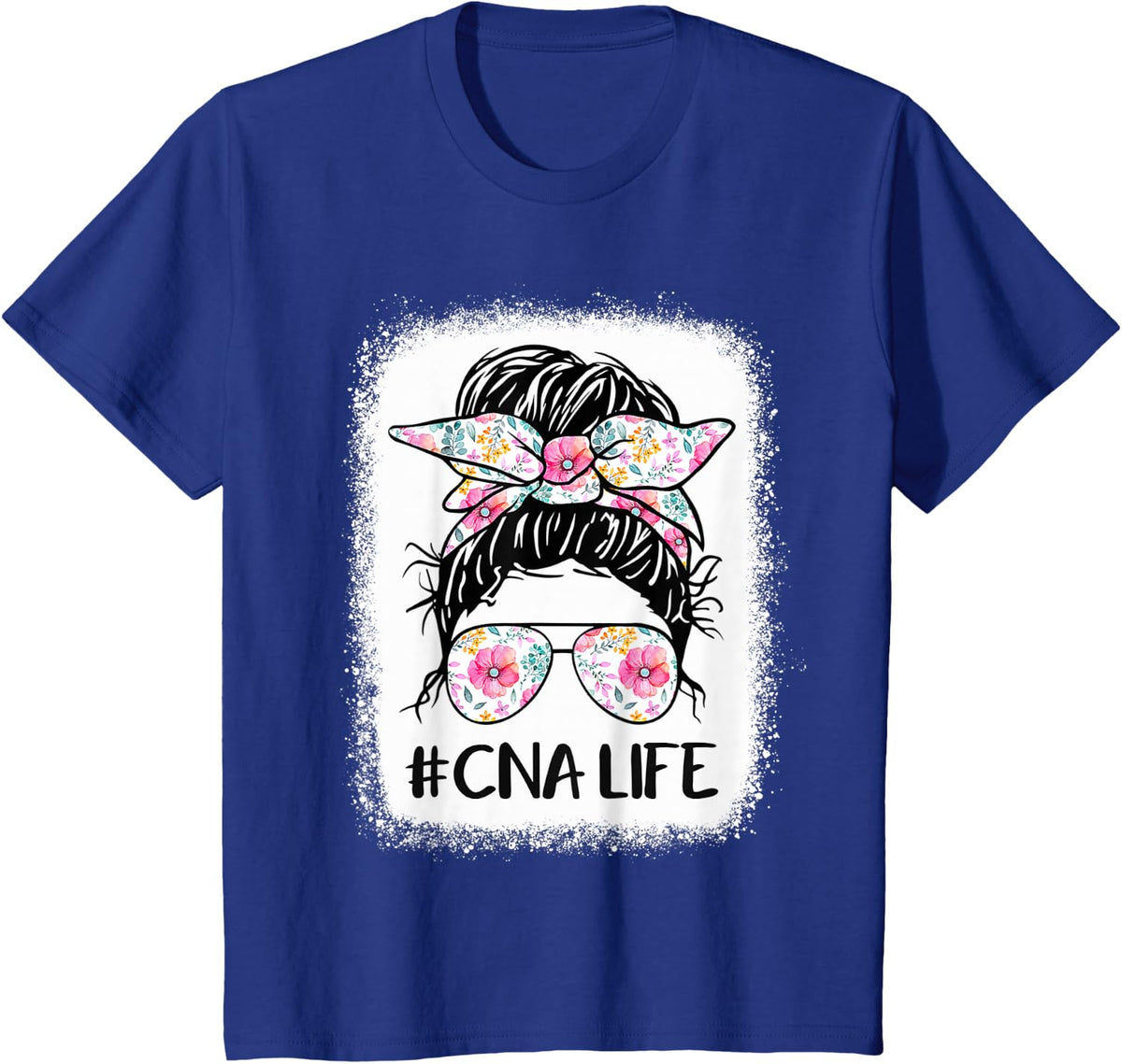 CNA Life Bleached Shirts Flower Messy Bun CnaLife T-Shirt - Royal Blue