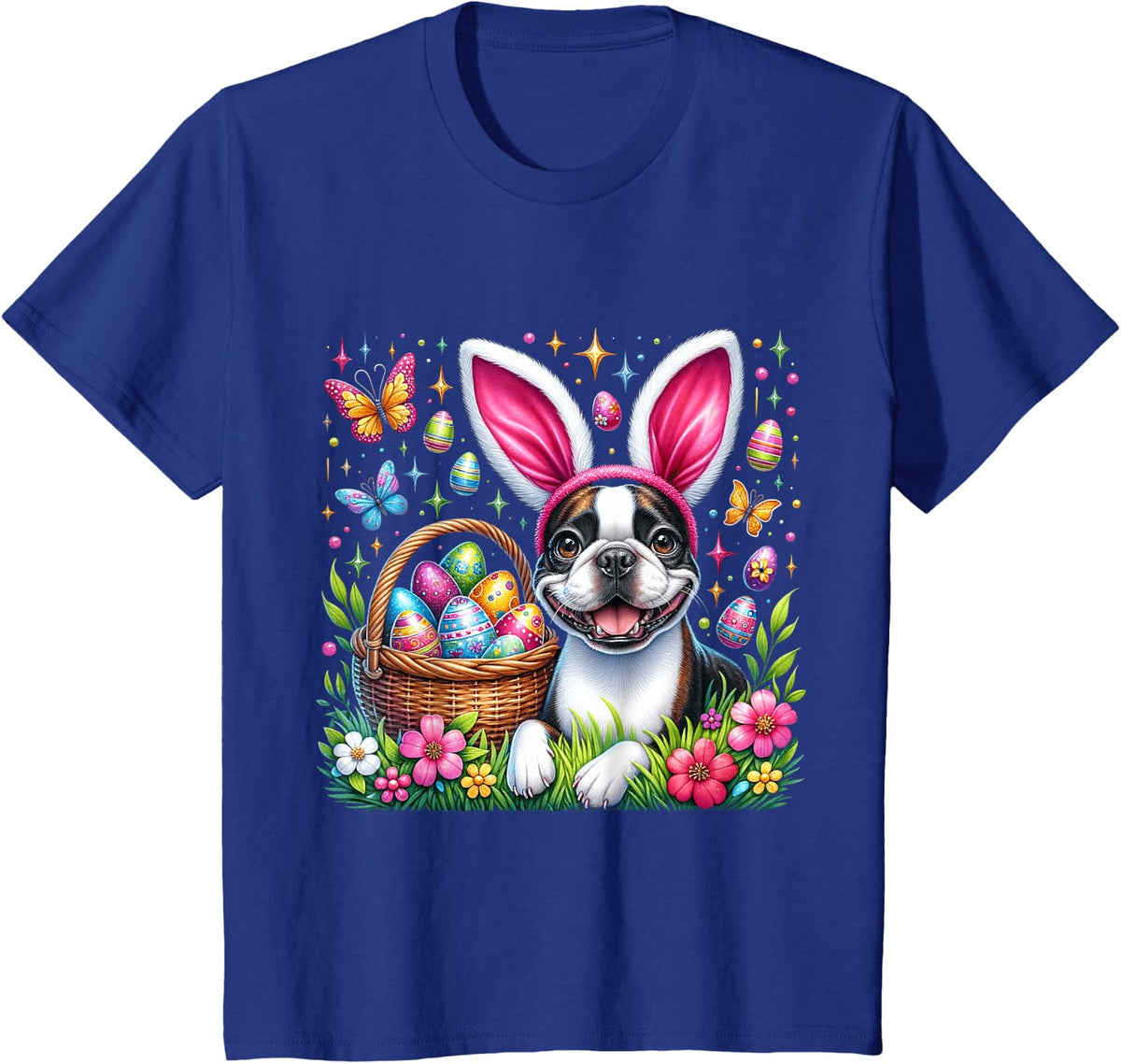 Cute Bunny Boston Terrier Dog Easter Eggs Basket Easter Day T-Shirt - Royal Blue