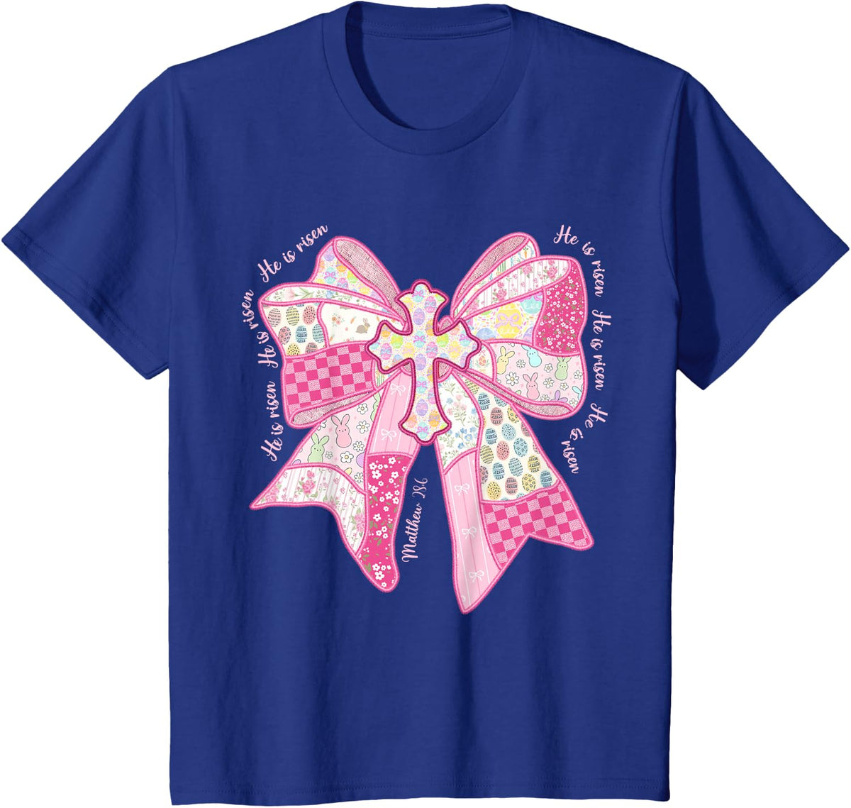 He is Risen Christian Cross Jesus Coquette Bow Bunny Easter T-Shirt - Royal Blue