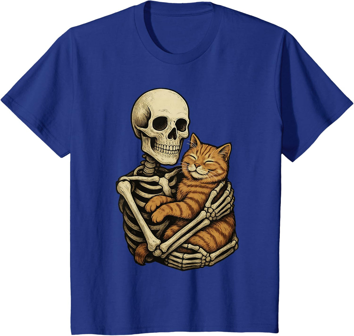 Skeleton Hugging Orange Tabby Cat Funny Halloween T-Shirt Tee for Cat Lovers - Royal Blue