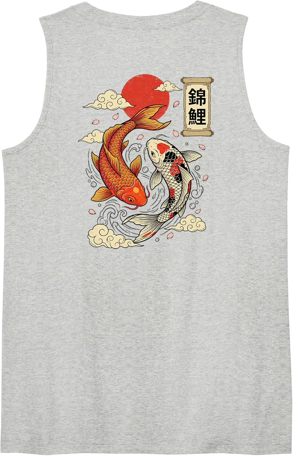 Koi Fish Japanese (On Back) Sleeveless Tank Top - Heather Grey