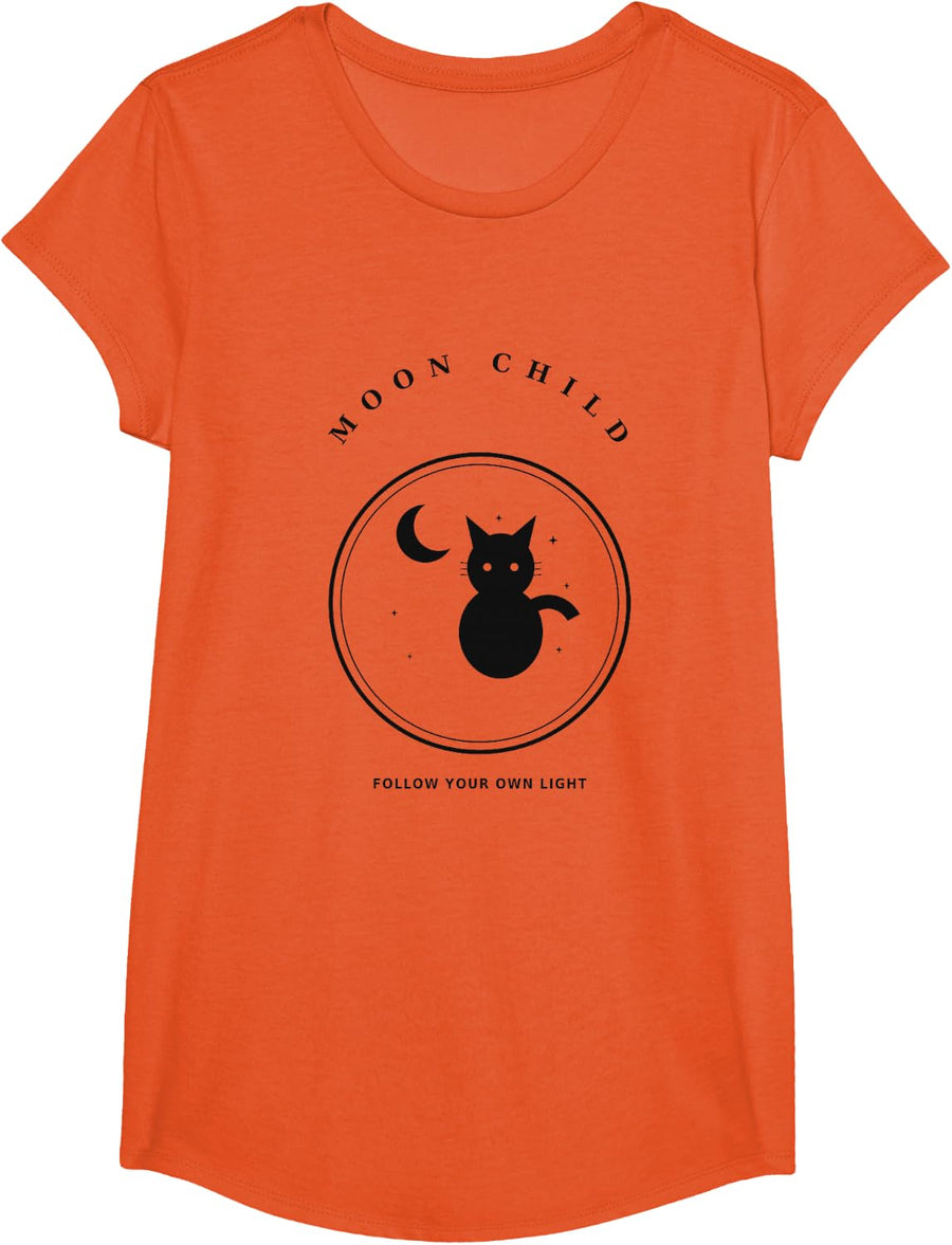 Moon Child Celestial Cat Badge - Witchy Boho Mystic Design T-Shirt - Girls Orange