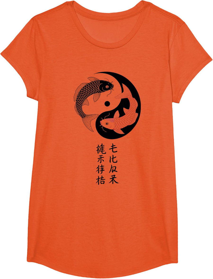 Yin Yang Koi Fish Japanese Kanji Zen Symbol Tao Balance T-Shirt - Girls Orange
