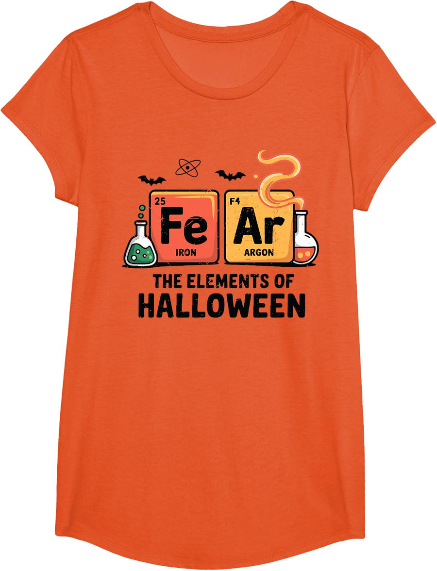 Fear Elements of Halloween Costume Science Teacher Chemistry T-Shirt - Girls Orange