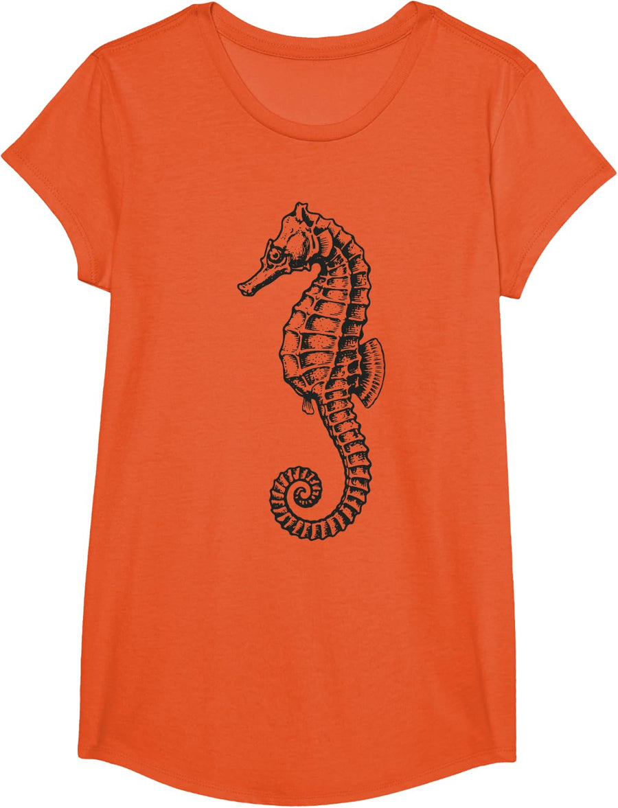 Seahorse Illustration Tee Shirt Sea Life Ocean Marine Animal T-Shirt - Girls Orange