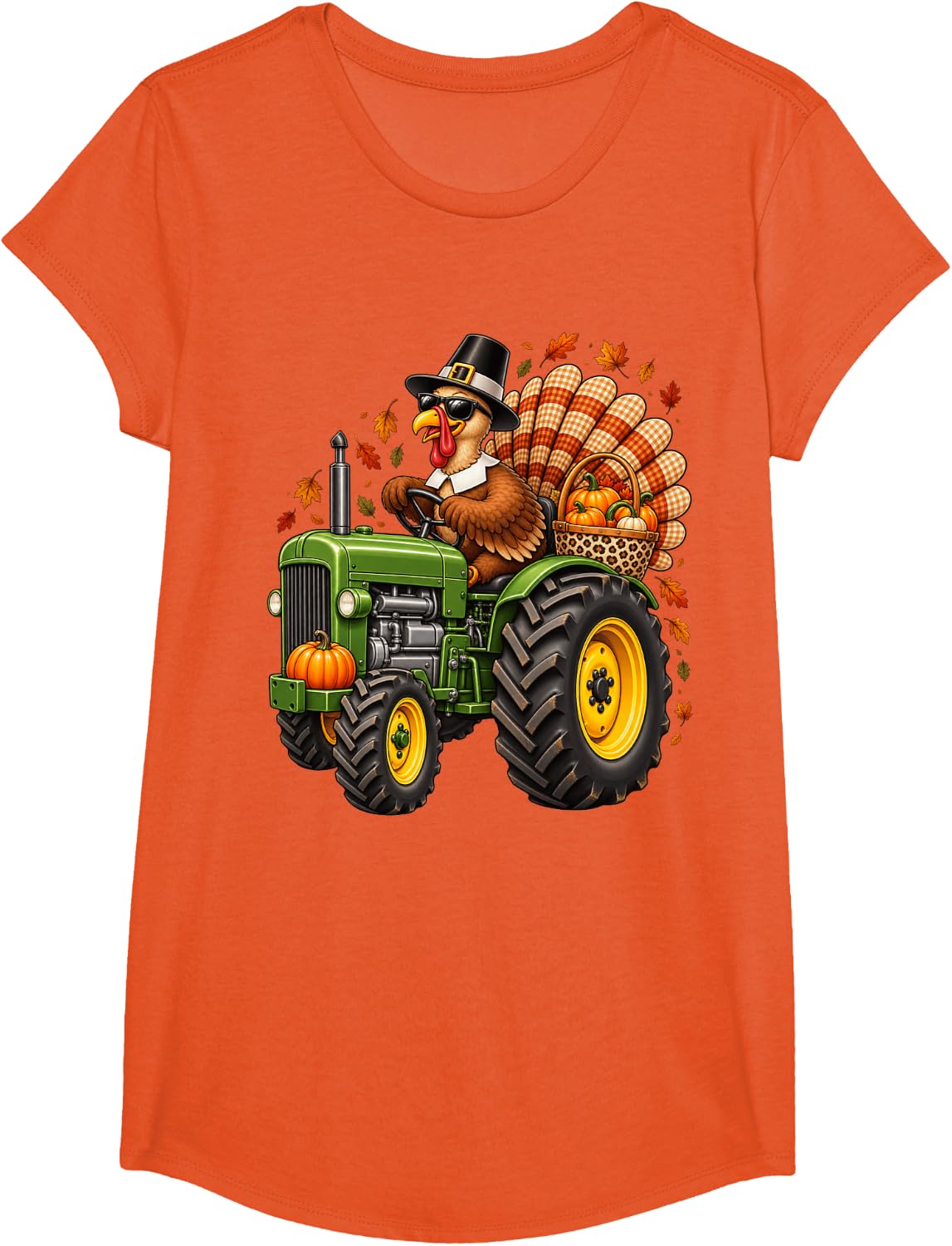 Funny Thanksgiving Turkey Tractor Pumpkin Fall T-Shirt - Girls Orange