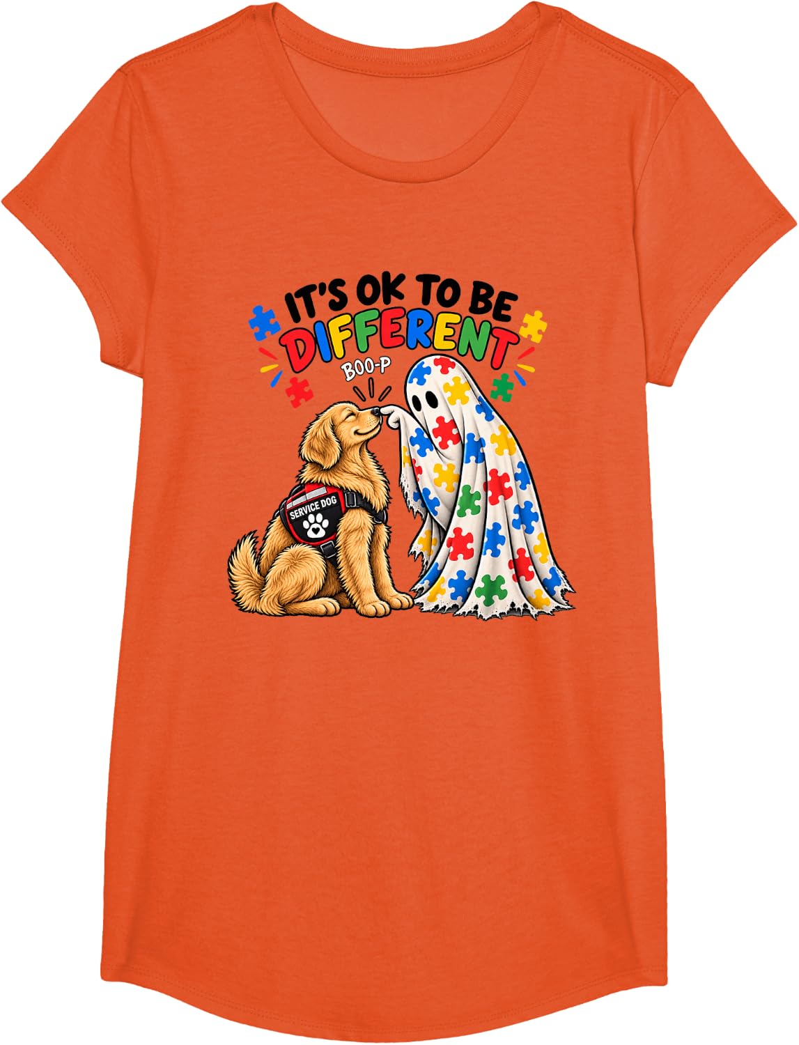 Autism Halloween Ghost Neurodiversity Acceptance T-Shirt - Girls Orange