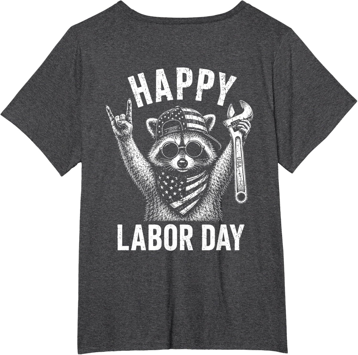 (On Back) Happy Labor Day Raccoon US American Flag T-Shirt - Dark Heather Grey