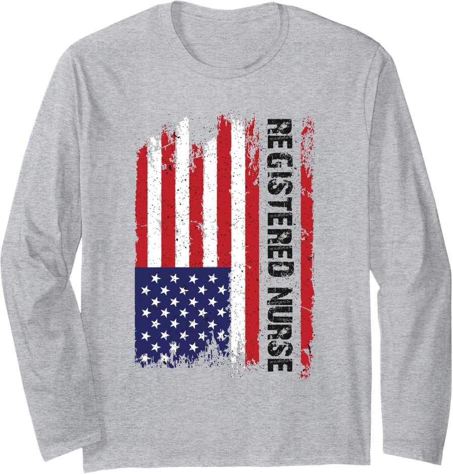 Vintage USA RN Registered Nurse American Flag Patriotic Long Sleeve T-Shirt - Adult Unisex Heather Grey