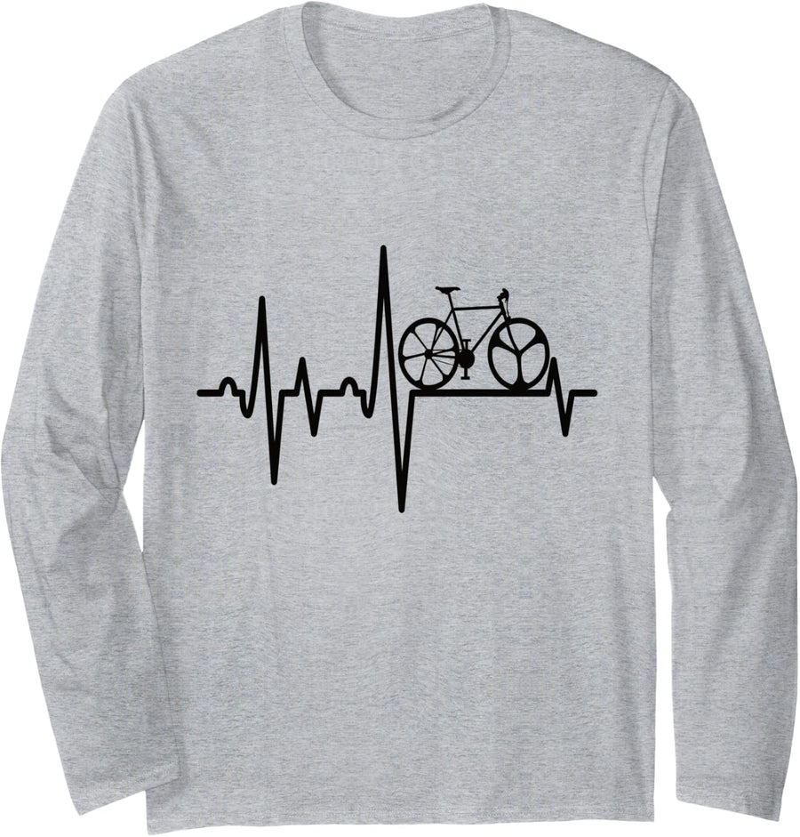 Bike Heartbeat Bike Cycling Biker Cyclist Long Sleeve T-Shirt - Adult Unisex Heather Grey