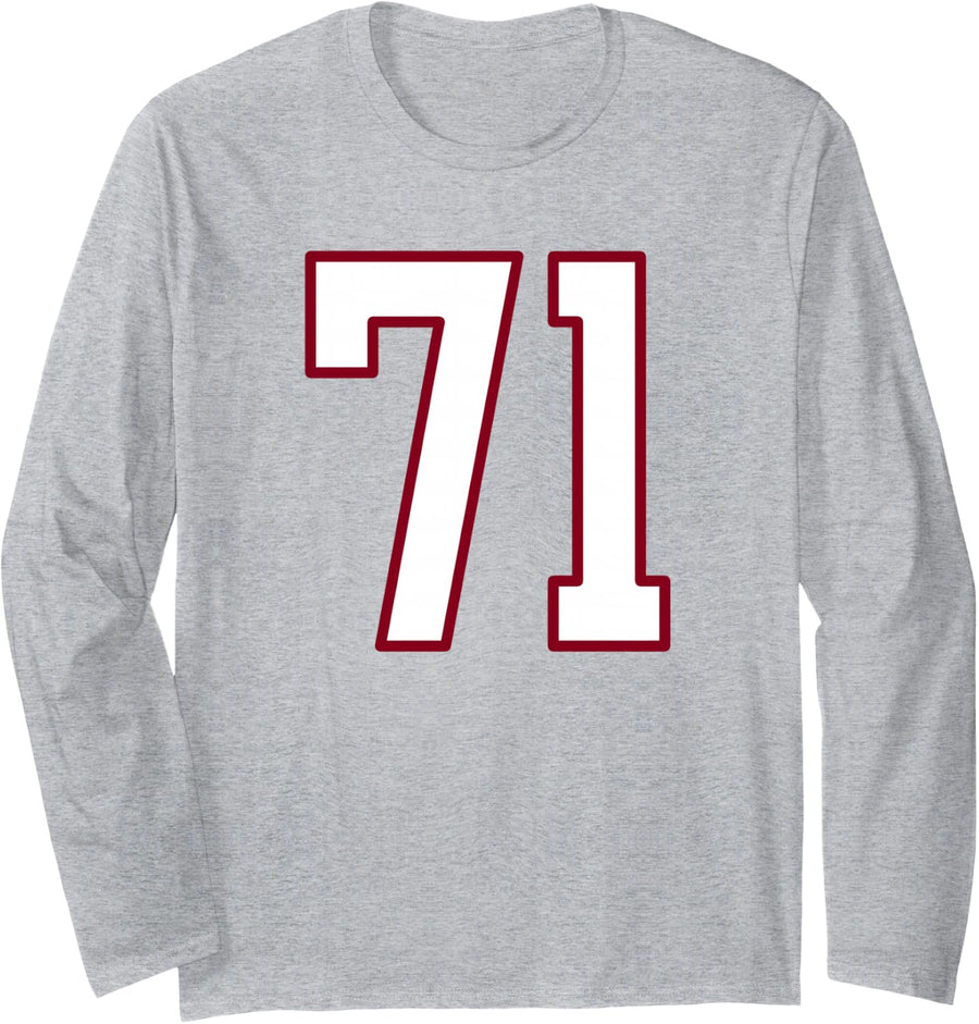 Maroon and White Number 71 Jersey Player Uniform #71 Long Sleeve T-Shirt - Adult Unisex Heather Grey