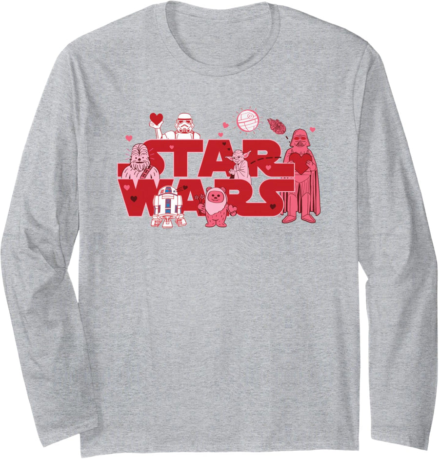 Star Wars Valentine's Day Logo Toon Classic Movie Characters Long Sleeve T-Shirt - Adult Unisex Heather Grey