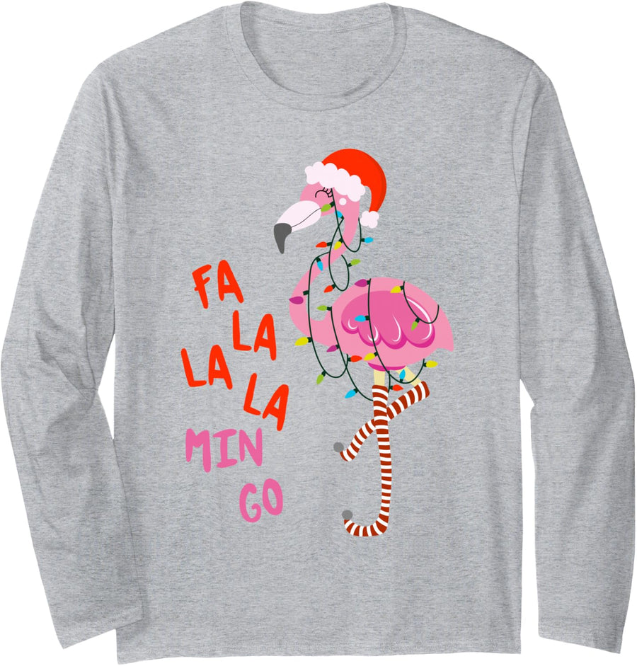 FA La La Mingo Flamingo Christmas Tropical Xmas Tree Lights Long Sleeve T-Shirt - Adult Unisex Heather Grey