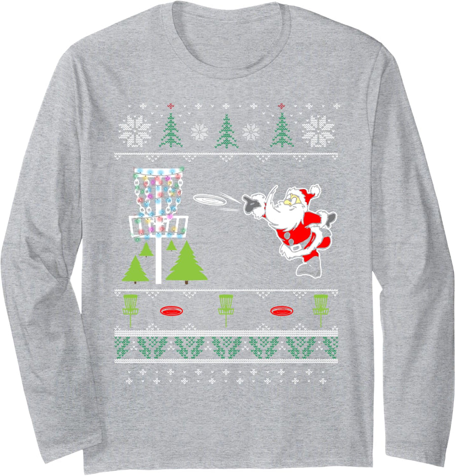 Ugly Disc Golf Santa Christmas Sweater Funny Xmas Frolf Long Sleeve T-Shirt - Adult Unisex Heather Grey