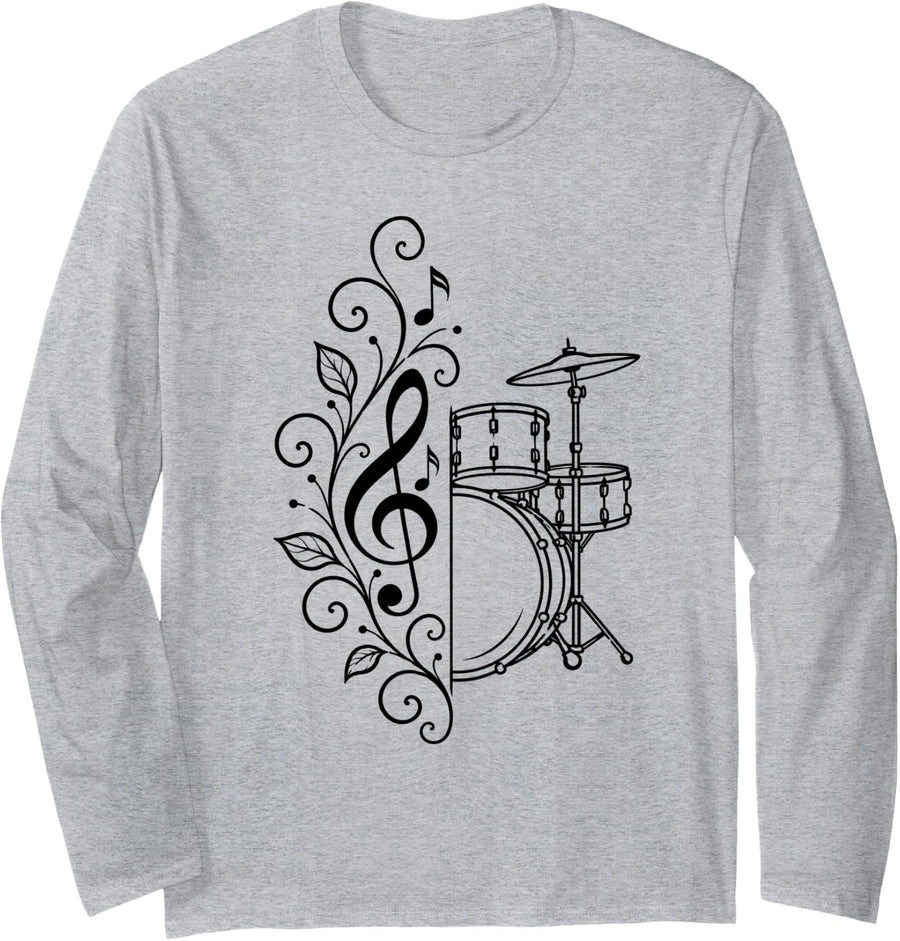 Drummer Floral Drum Set Clef Musical Percussionist Musician Long Sleeve T-Shirt - Adult Unisex Heather Grey