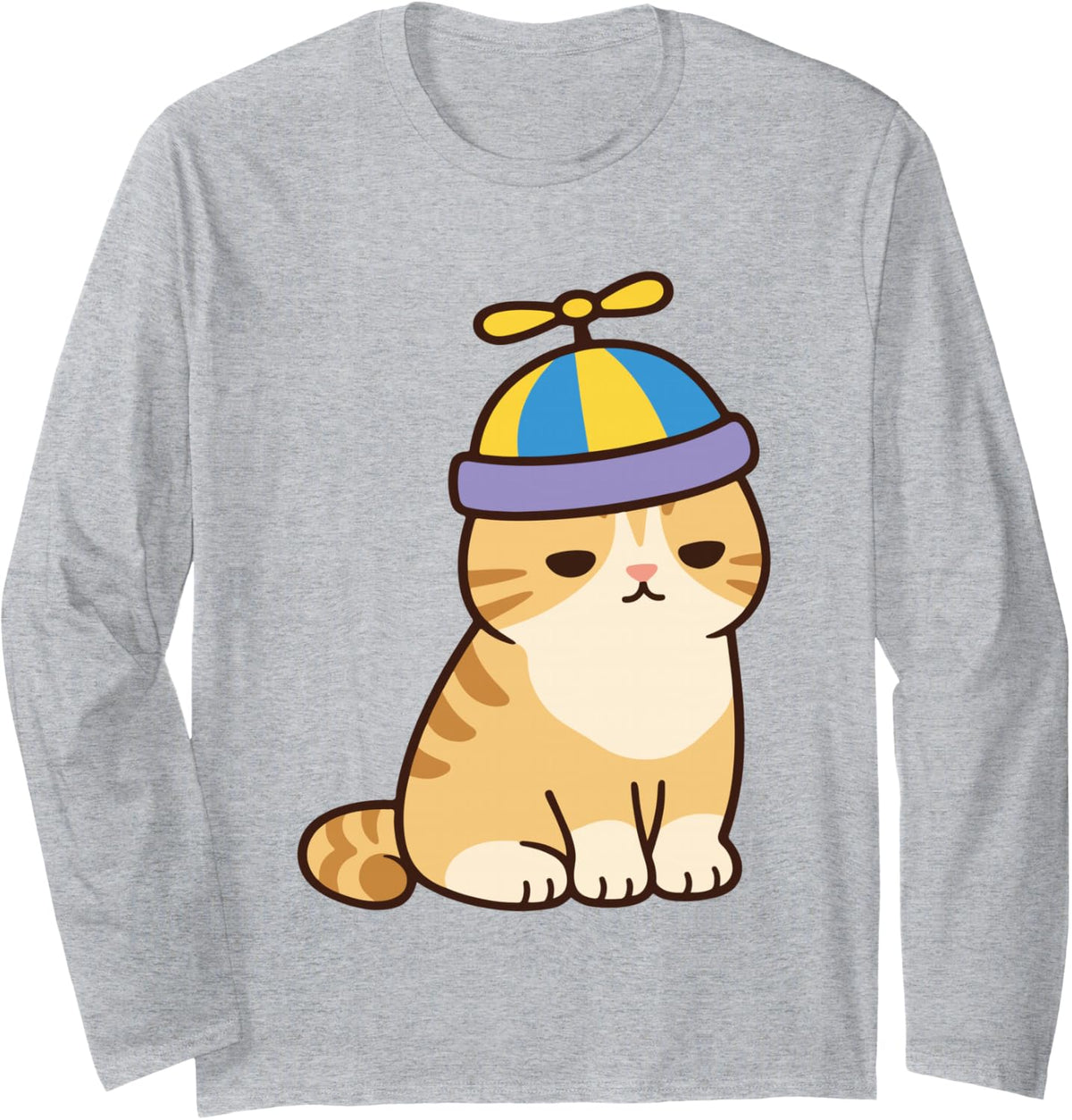 Propeller Hat Cat - Ginger Tabby Cartoon Long Sleeve T-Shirt - Adult Unisex Heather Grey