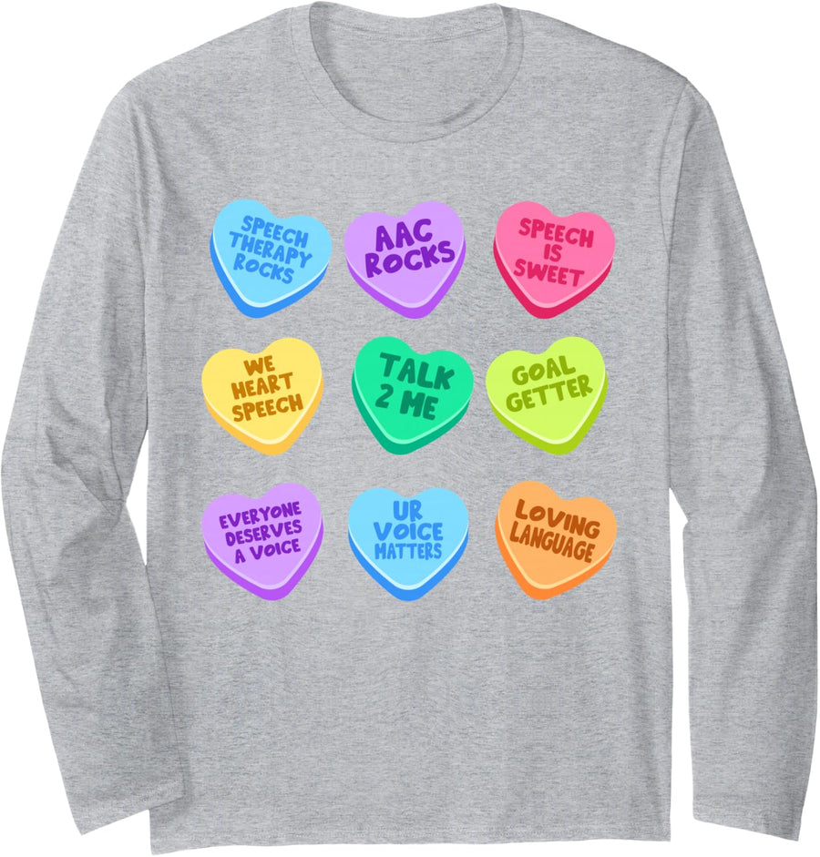 SLP Valentine's Day Pastel Candy Heart SLPA Speech-Language Long Sleeve T-Shirt - Adult Unisex Heather Grey