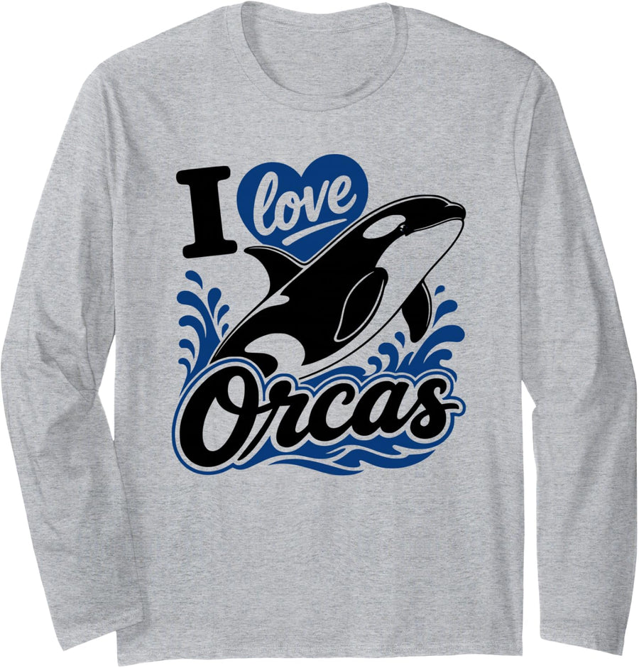 I Love Orcas Fun Orca Lover Killer Whales Save Marine Life Long Sleeve T-Shirt - Adult Unisex Heather Grey