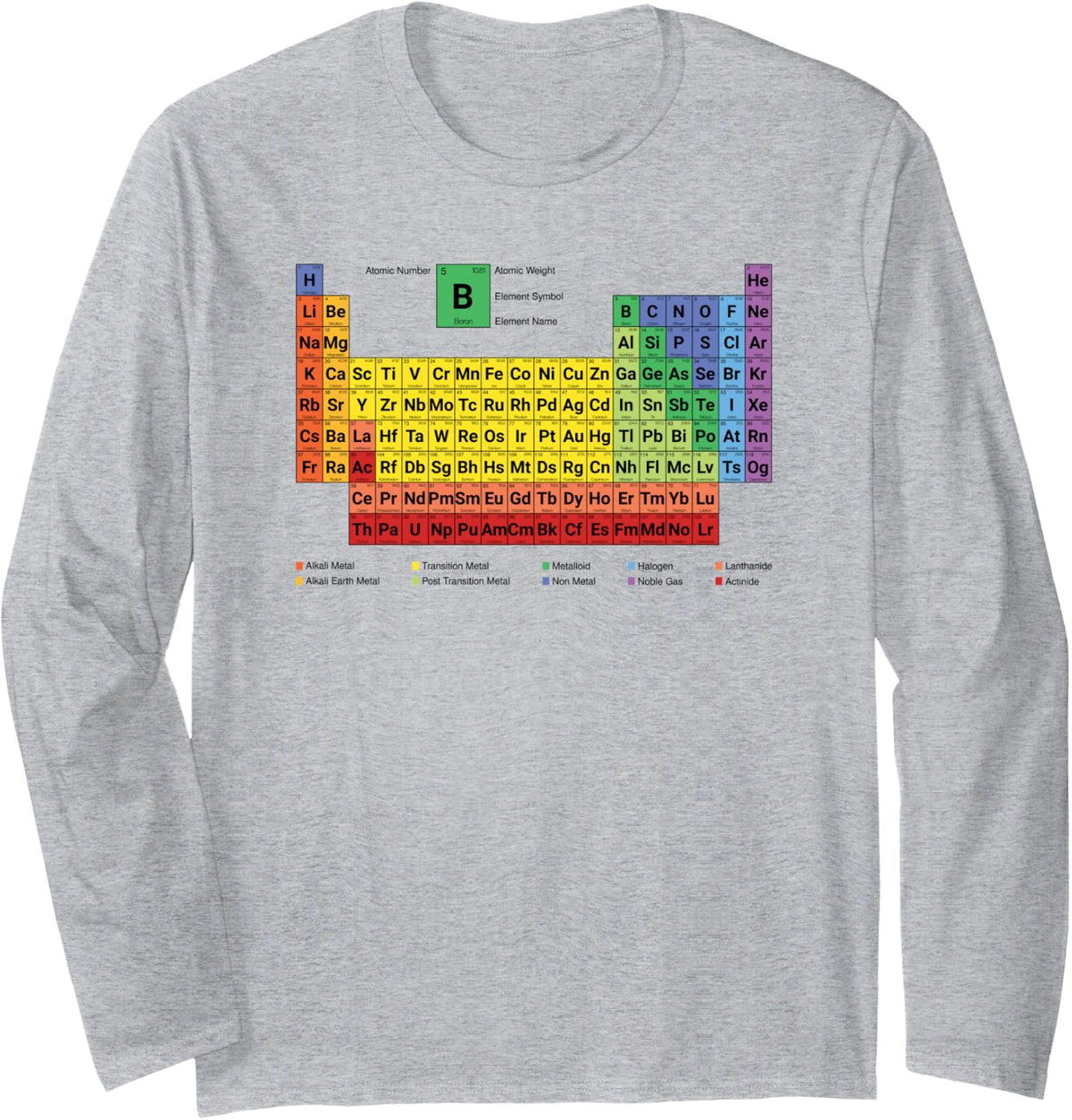 Colorful Periodic Table of Elements with Description Long Sleeve T-Shirt - Adult Unisex Heather Grey