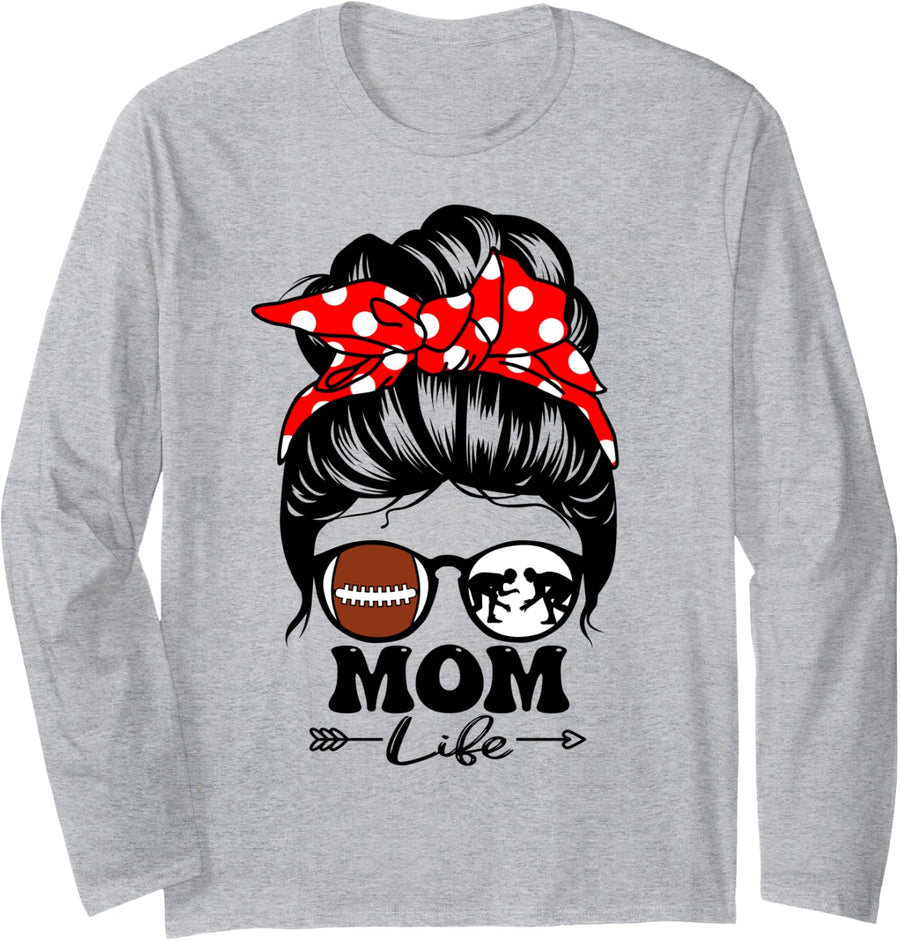 Mom Life Messy Bun Hair Funny Wrestling Football Player Mom Long Sleeve T-Shirt - Adult Unisex Heather Grey