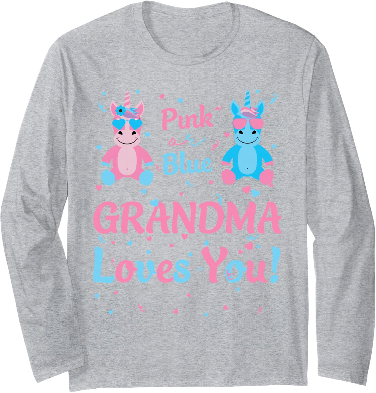 Grandma Gender Reveal Pink Blue Unicorn for Family Matching Long Sleeve T-Shirt - Adult Unisex Heather Grey