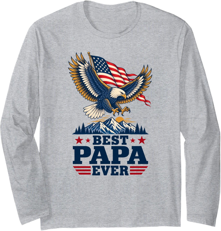 Best Papa Ever Patriotic Bald Eagle American Flag Long Sleeve T-Shirt - Adult Unisex Heather Grey