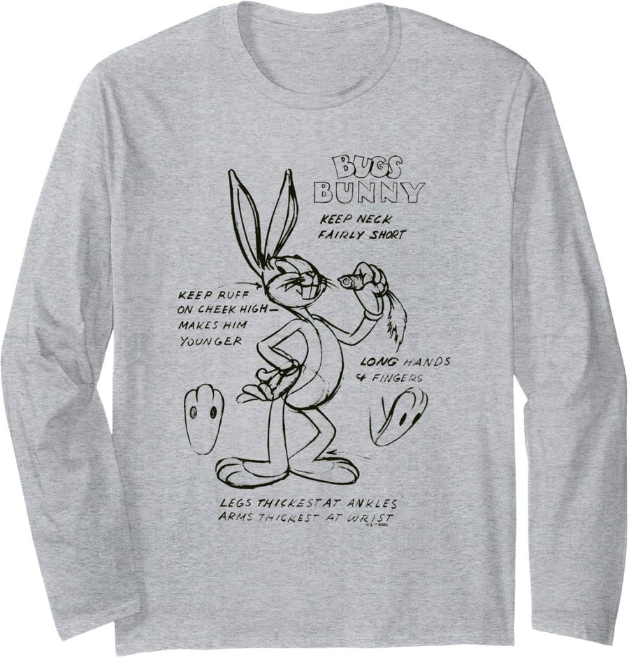 Looney Tunes Bugs Bunny Drawing Instruction Line Art Light Long Sleeve T-Shirt - Adult Unisex Heather Grey