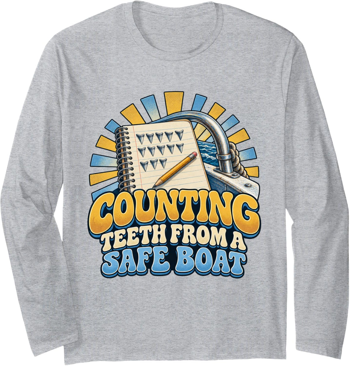 Counting Teeth from A Safe Boat Marine Biology Long Sleeve T-Shirt - Adult Unisex Heather Grey