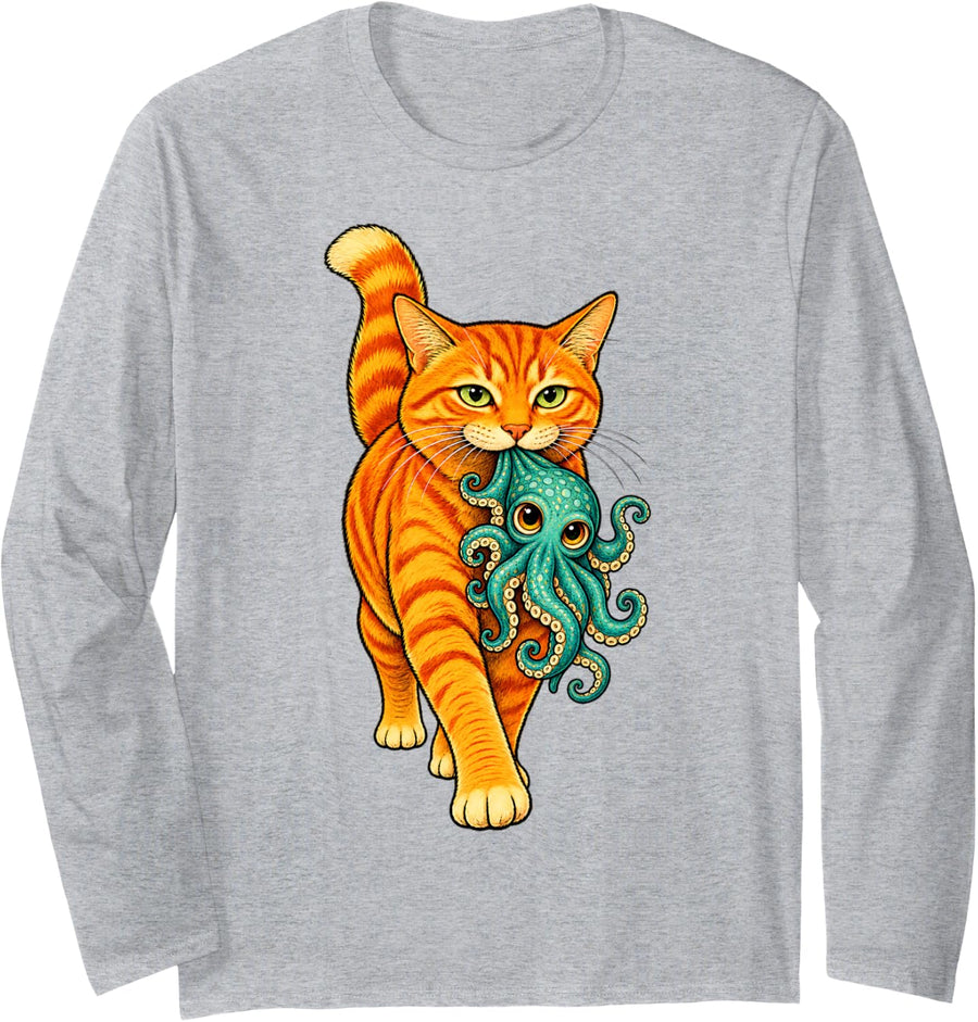 Orange Cat Carrying Cute Octopus Kraken Sea Creature Art Long Sleeve T-Shirt - Adult Unisex Heather Grey