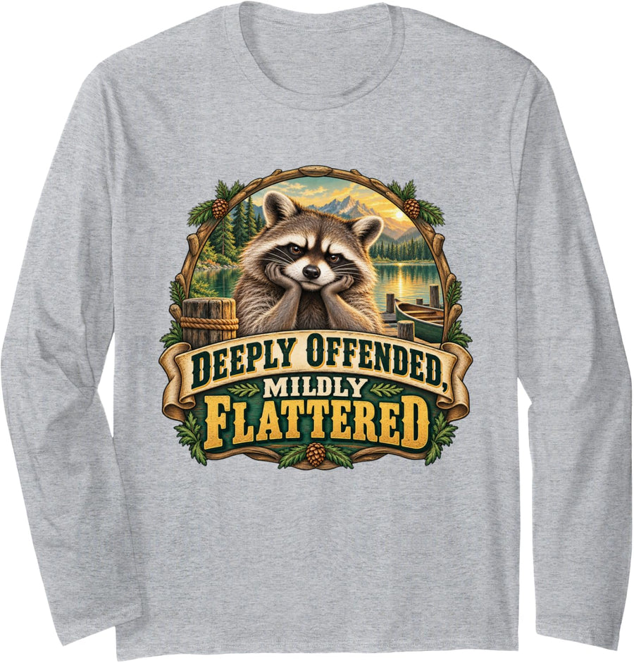 Deeply Offended, Mildly Flattered Funny Raccoon Meme Long Sleeve T-Shirt - Adult Unisex Heather Grey