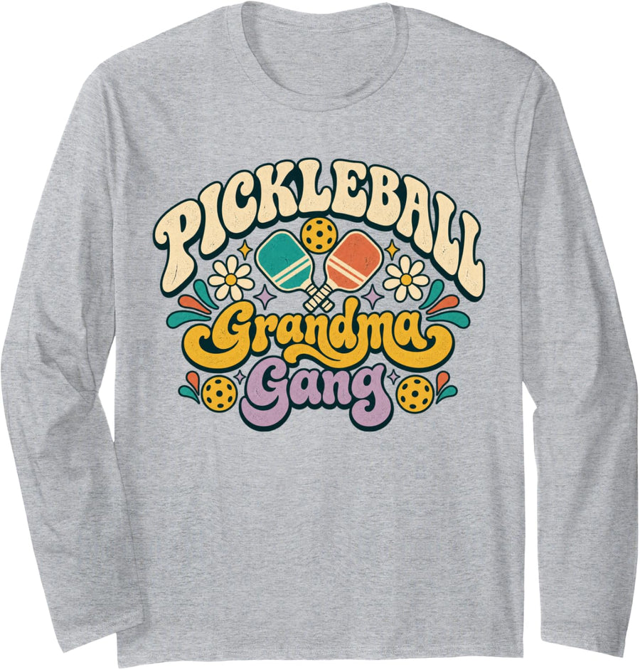 Groovy Pickleball Grandma Gang Long Sleeve T-Shirt - Adult Unisex Heather Grey