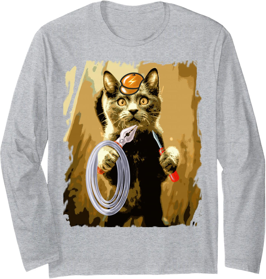 Electrician Funny cat Electrical Worker Long Sleeve T-Shirt - Adult Unisex Heather Grey